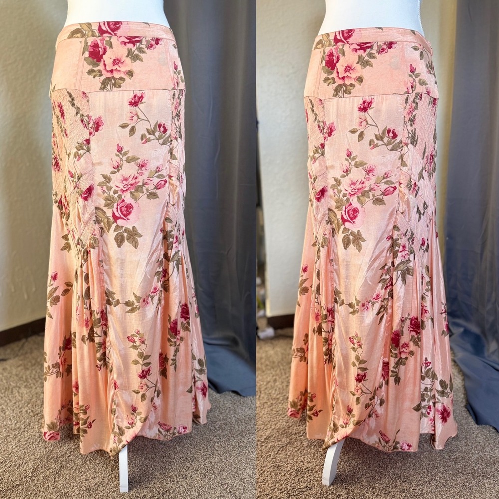 Free People Rowan Maxi Skirt Fairycore 6 Peach Pink Floral Boho Smocked Panel - Picture 6 of 13